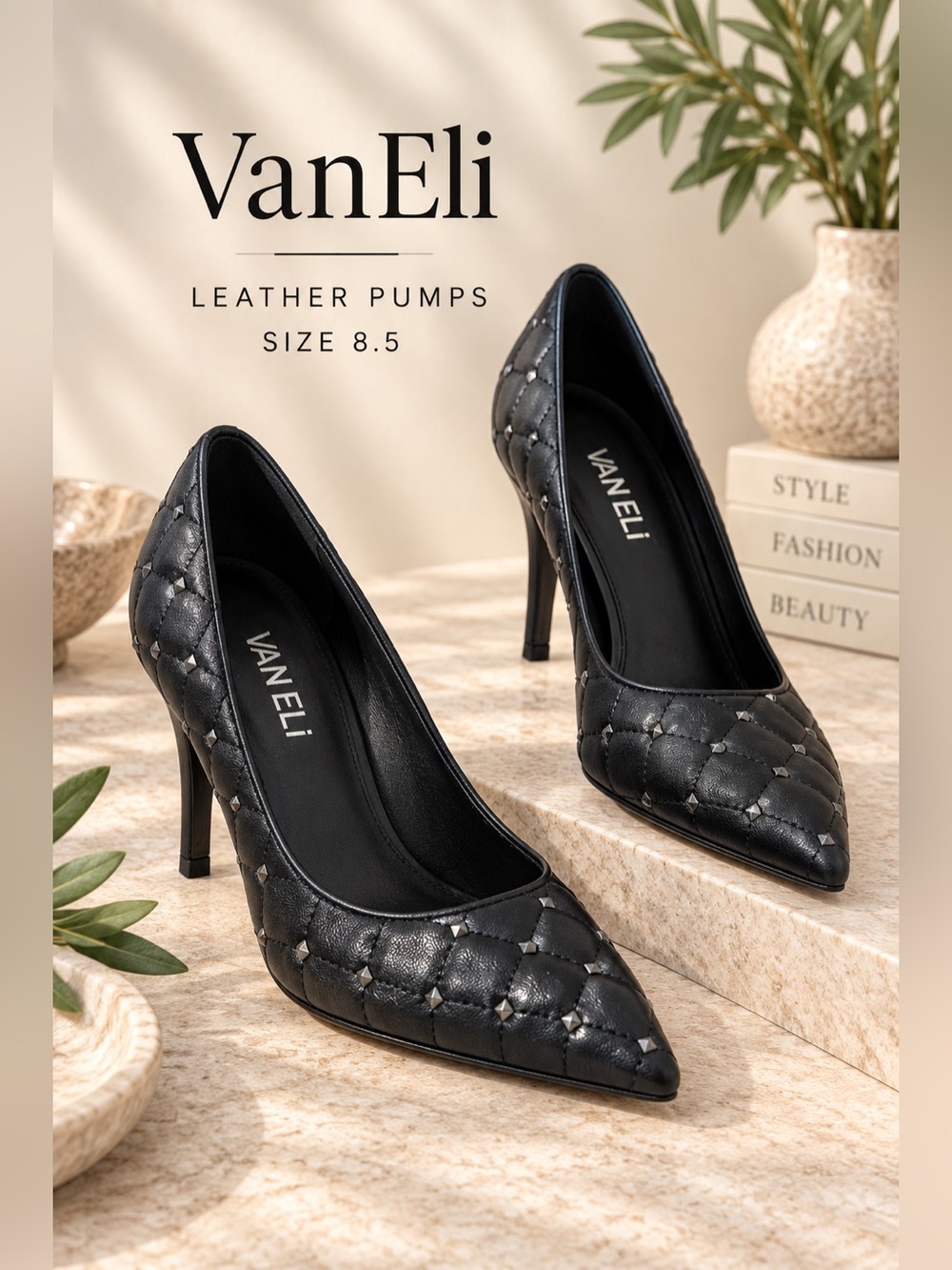VanEli Black Quilted Leather Studded Pointed Toe Pumps Size 8.5